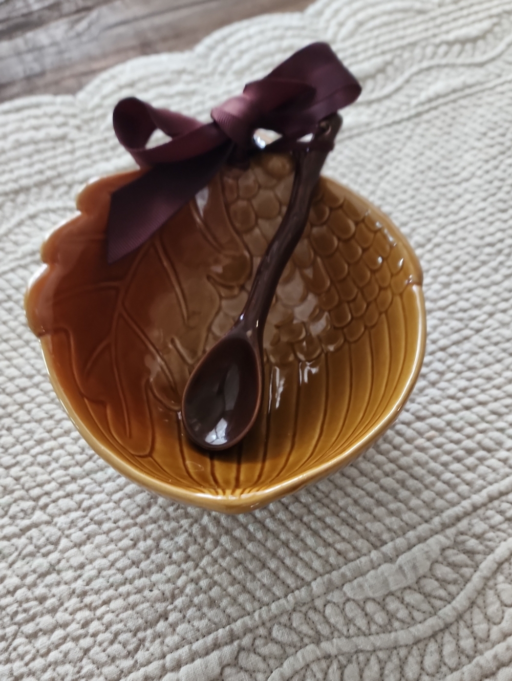 Hallmark Honey and Dark Brown Leaf Ceramic Bowl with Spoon